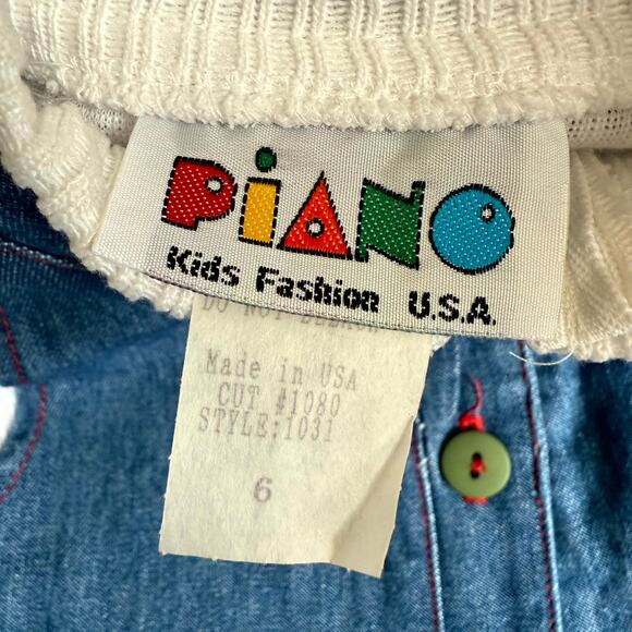 Vintage 90s Piano Kids Fashion Jumper Dress & Shirt Set Girls 6 Denim Farm Patch - Picture 5 of 6